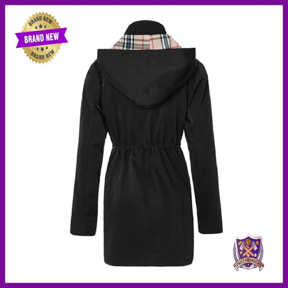 Women's Long Hooded Rain Jacket Water-Resistant Windbreaker Trench Coat - Picture 3 of 7